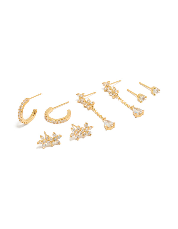 Gold Plated Cubic Zirconia Flower Studs & Chain Drop Earrings 4-Pack