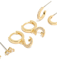Gold Plated Cubic Zirconia & Crescent Moon Hoop Earrings 3-Pack - link has visual effect only