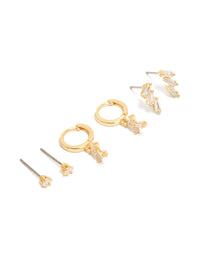 Gold Plated Cubic Zirconia Baguette Trio Studs & Cross Huggie Earrings 3-Pack - link has visual effect only