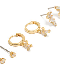 Gold Plated Cubic Zirconia Baguette Trio Studs & Cross Huggie Earrings 3-Pack - link has visual effect only