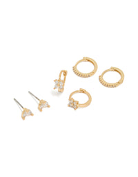 Beautifully crafted mini floral dainty huggie and stud earrings in a 3-pack featuring gold plated cubic zirconia stones front view - link has visual effect only