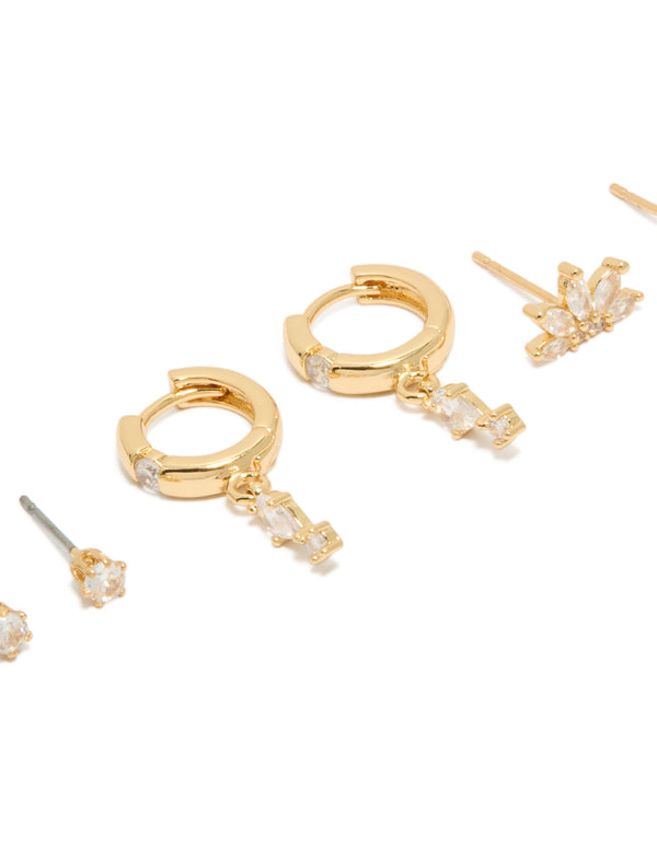 Gold Plated Cubic Zirconia Studs & Marquise Fan Earrings 3-Pack