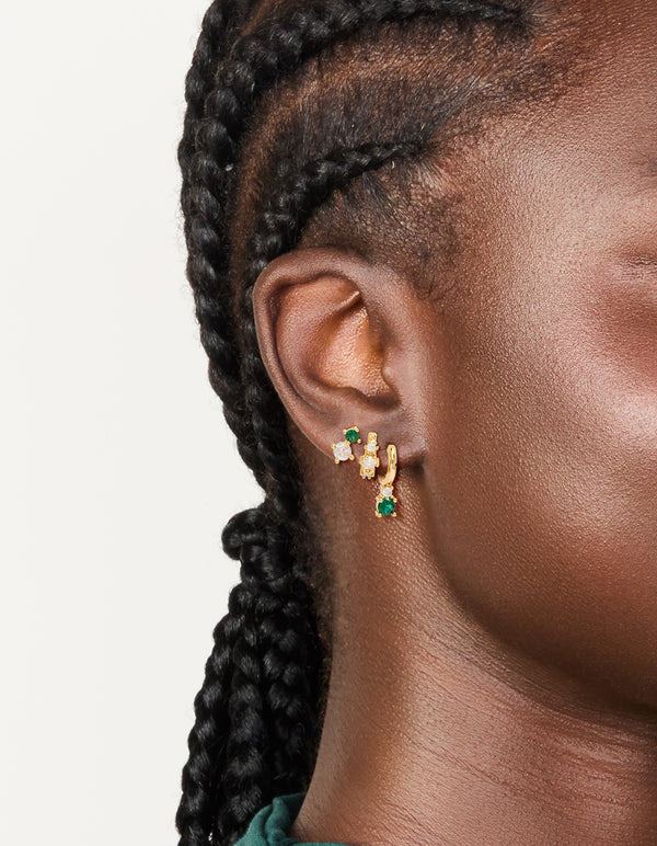 Gold Plated Green & Clear Cubic Zirconia Stud & Huggie Earrings 3-Pack