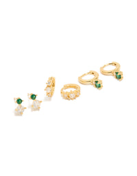 Gold Plated Green & Clear Cubic Zirconia Stud & Huggie Earrings 3-Pack - link has visual effect only