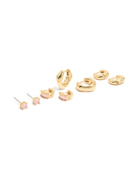 Gold Plated Pink Cubic Zirconia Stud & Huggie Earrings 4-Pack - link has visual effect only