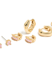 Gold Plated Pink Cubic Zirconia Stud & Huggie Earrings 4-Pack - link has visual effect only