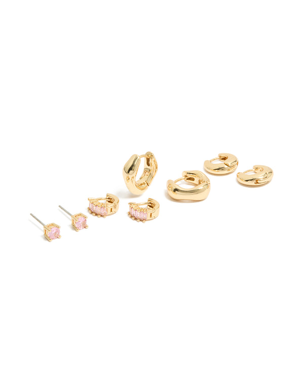 Gold Plated Pink Cubic Zirconia Stud & Huggie Earrings 4-Pack