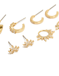 Gold Plated Cubic Zirconia Marquise Fanned Huggies & Stud Earrings 4-Pack - link has visual effect only