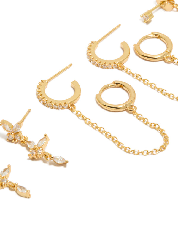 Gold Plated Cubic Zirconia Butterfly & Chain Earrings 4-Pack
