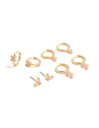 Gold Plated Pink Cubic Zirconia Flower Huggie & Stud  Earrings 4-Pack - link has visual effect only