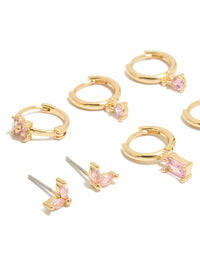 Gold Plated Pink Cubic Zirconia Flower Huggie & Stud  Earrings 4-Pack - link has visual effect only