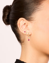 Gold Plated Dark Pink Cubic Zirconia Studs & Huggie Earrings 3-Pack - link has visual effect only