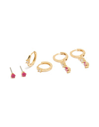 Gold Plated Dark Pink Cubic Zirconia Studs & Huggie Earrings 3-Pack - link has visual effect only