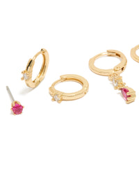 Gold Plated Dark Pink Cubic Zirconia Studs & Huggie Earrings 3-Pack - link has visual effect only