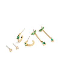 Gold Plated Clear & Green Cubic Zirconia Pear Chain & Stud Earrings 3-Pack - link has visual effect only