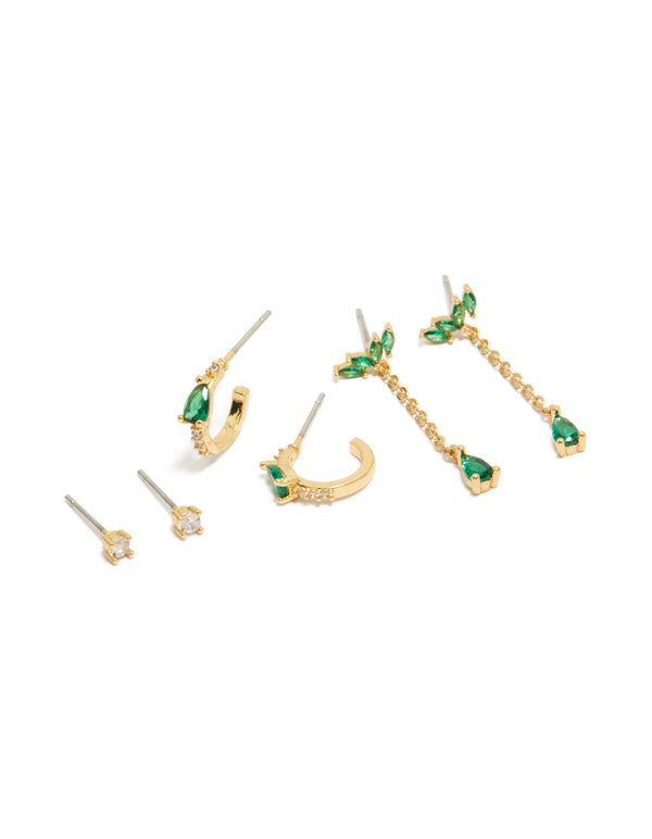 Gold Plated Clear & Green Cubic Zirconia Pear Chain & Stud Earrings 3-Pack