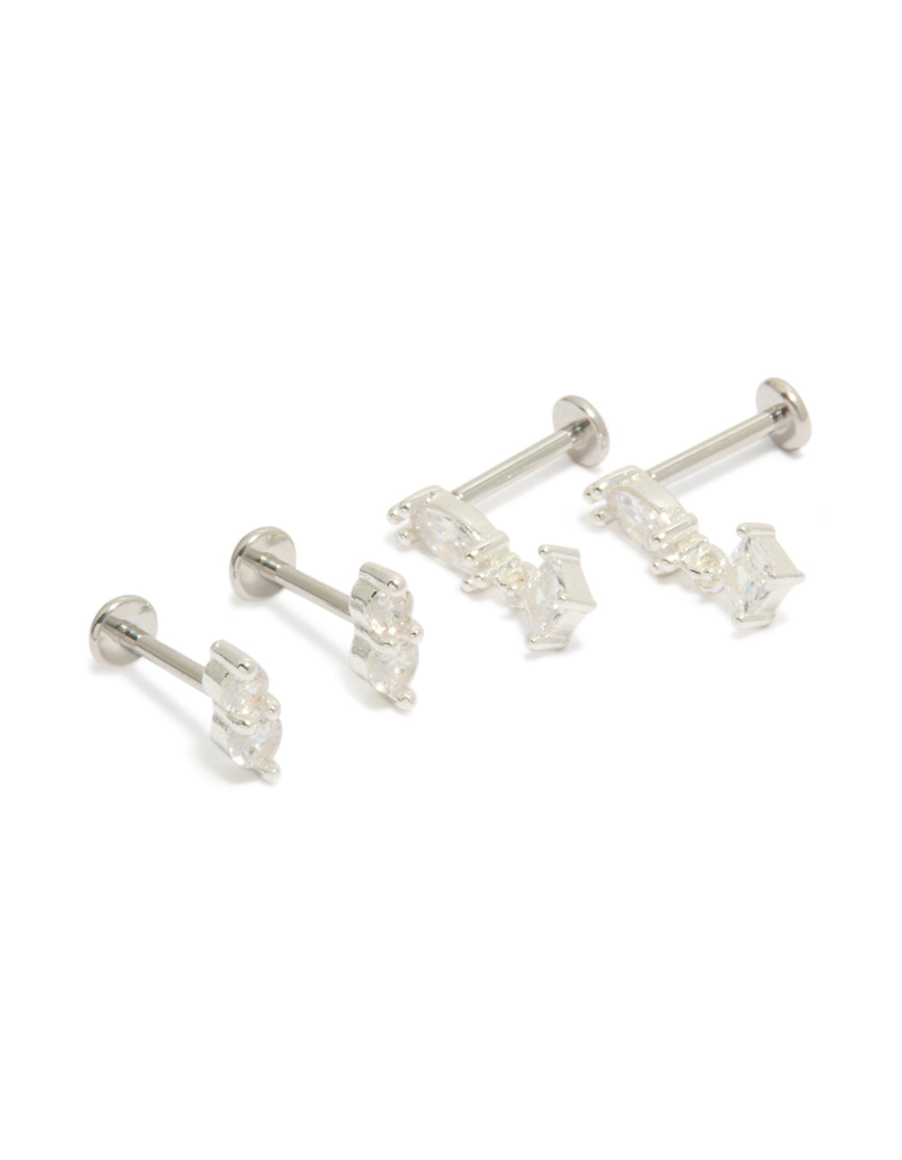 Showcasing a silver plated double marquise and oval cubic zirconia flat back studs pack with titanium posts front view