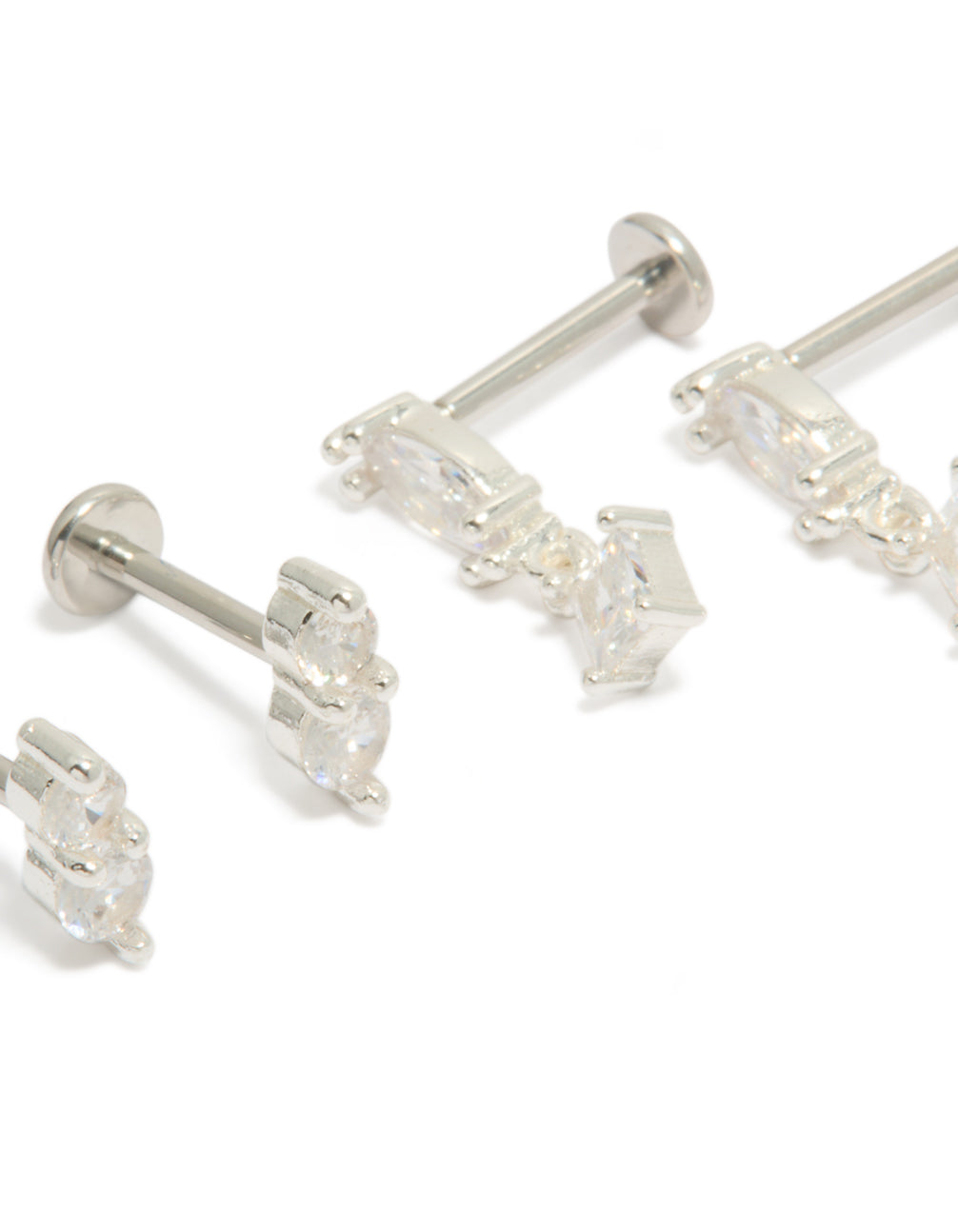 Crafted with silver plated double marquise and oval cubic zirconia stones on titanium flat back studs close up view