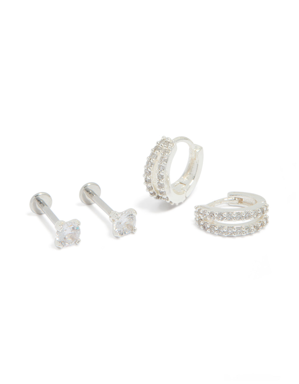 Showcasing silver plated brass flat back studs and huggie earrings pack front view