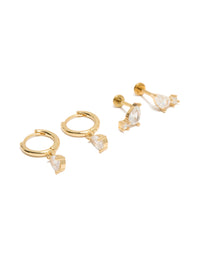 Gold Plated Cubic Zirconia Teardrop Flat Back Studs & Huggie Earrings Pack - link has visual effect only