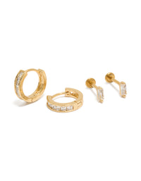 Gold Plated Cubic Zirconia Baguette Flat Back Studs & Hoops Pack - link has visual effect only