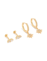 Showcasing a celestial charm pack featuring star accents with cubic zirconia crystals, flat back studs and huggie closures in gold plated brass front view - link has visual effect only