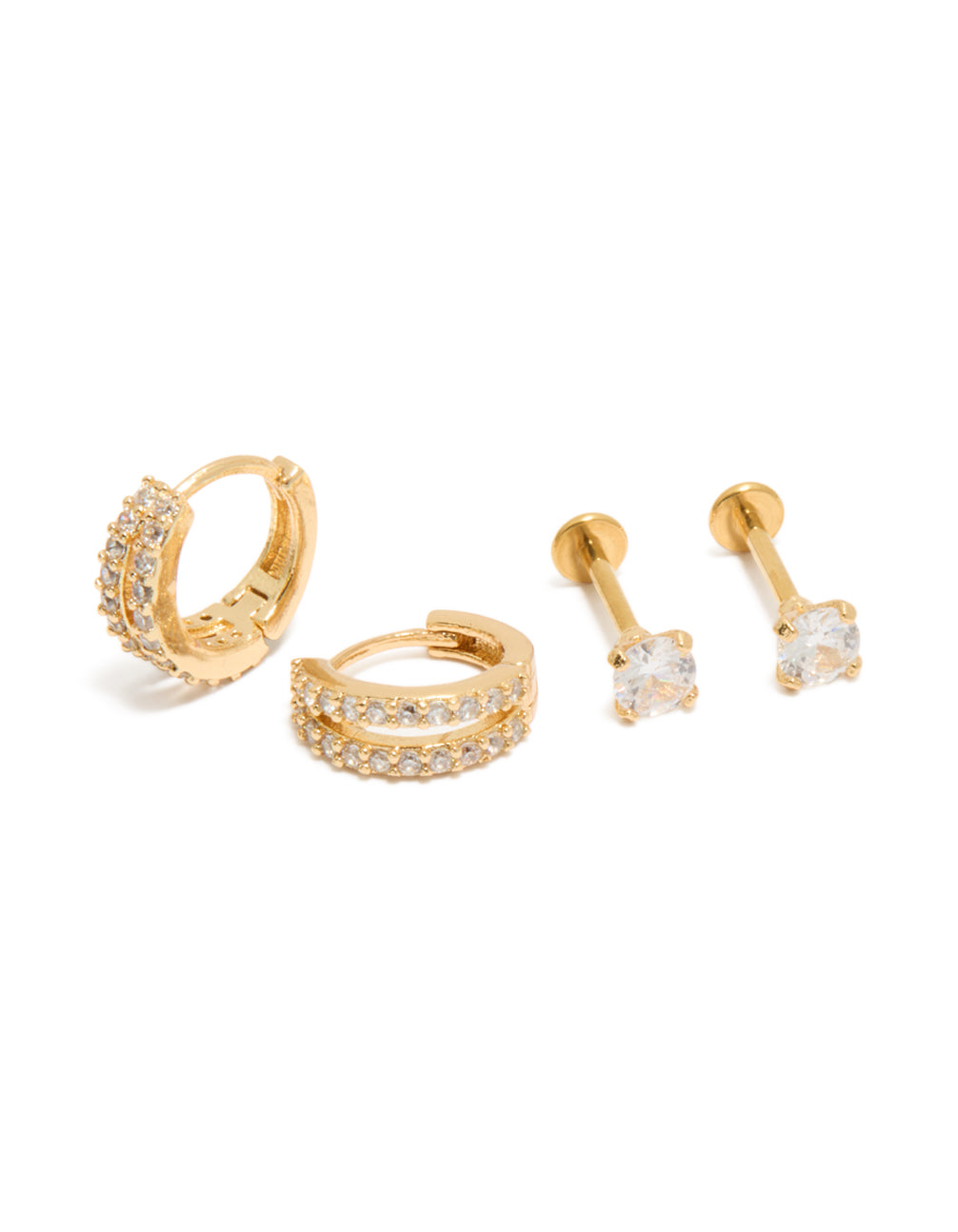 Showcasing a gold plated double hoop and flat back studs pack featuring cubic zirconia with titanium closures front view
