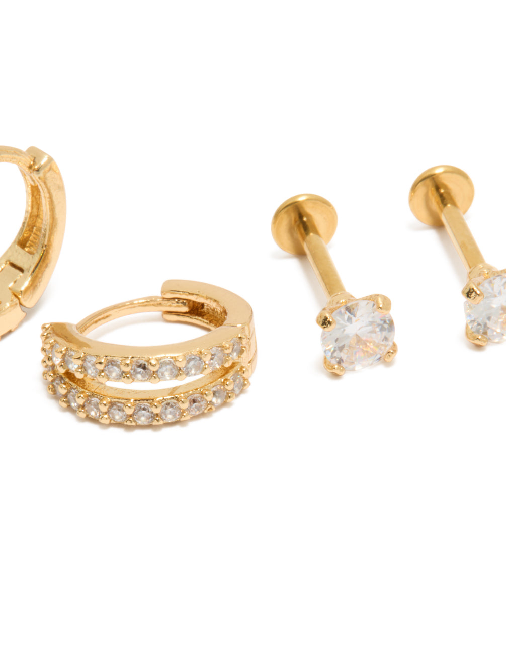 Crafted from gold plated double hoop and flat back studs pack with cubic zirconia and titanium closures close up view