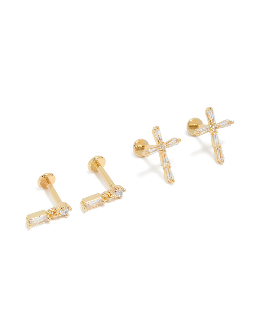 Discover dainty bar and cross studs with baguette stone cut in gold plated brass featuring flat back closure and 2-pack front view