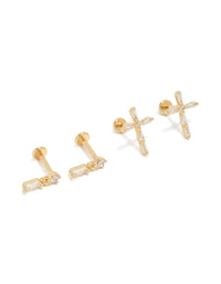 Discover dainty bar and cross studs with baguette stone cut in gold plated brass featuring flat back closure and 2-pack front view - link has visual effect only