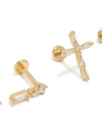 Featuring dainty bar and cross studs with baguette stone cut in gold plated brass featuring flat back closure and 2-pack close up view - link has visual effect only