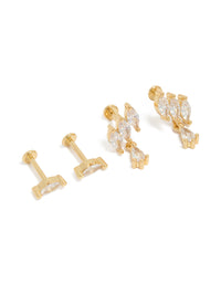 Crafted from brass with gold plated twisted marquise flat back studs featuring cubic zirconia crystal in a 2-pack front view - link has visual effect only