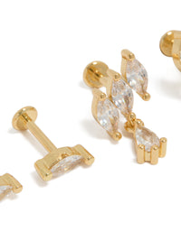 Showcasing brass with gold plated twisted marquise flat back studs featuring cubic zirconia crystal in a 2-pack close up view - link has visual effect only