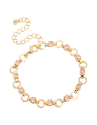 Gold Plated Alternating Pink Cubic Zirconia Round Link Bracelet - link has visual effect only