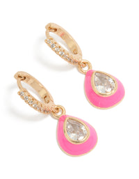 Gold Cubic Zirconia  Pink Enamel Outer Oval Huggie Earrings - link has visual effect only