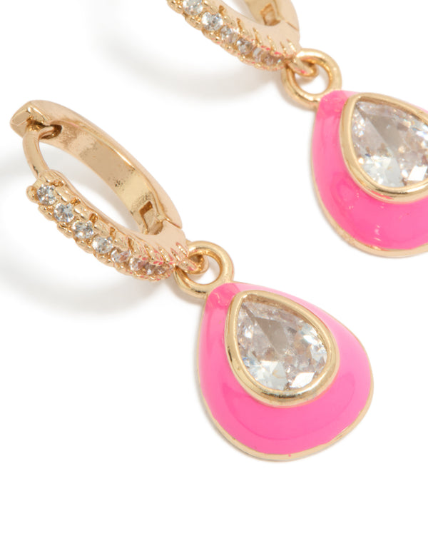 Gold Cubic Zirconia  Pink Enamel Outer Oval Huggie Earrings