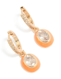 Gold Cubic Zirconia Orange Enamel Outer Oval Huggie Earrings - link has visual effect only