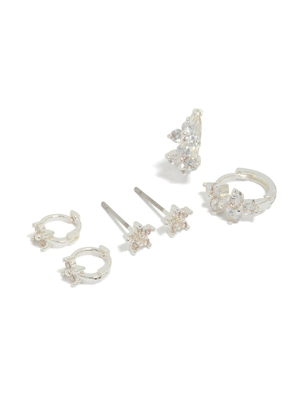 Silver Cubic Zirconia Flower Stud & Huggie Earrings 3-Pack