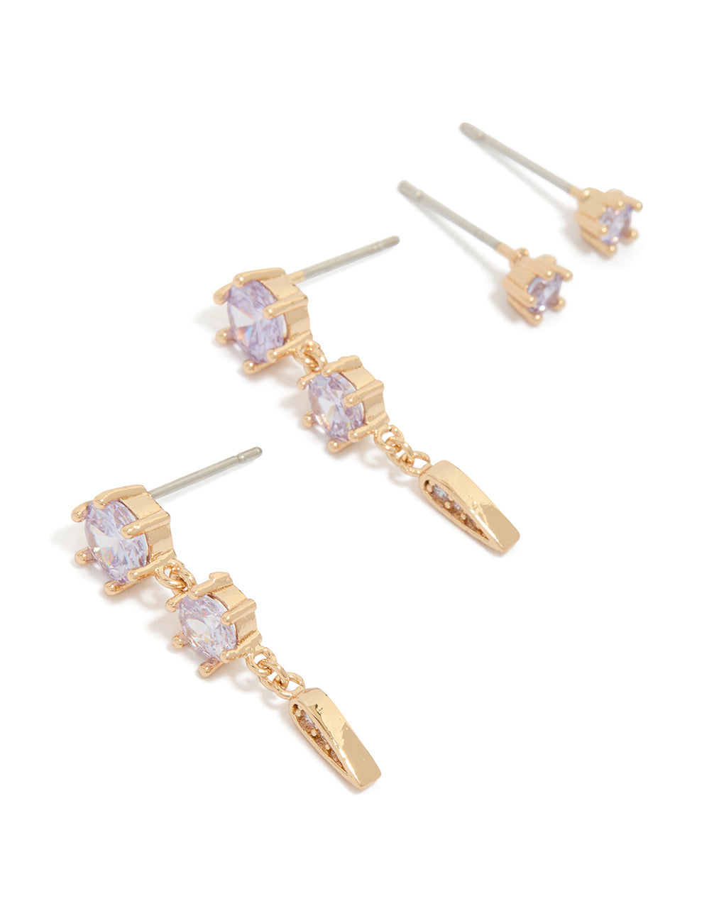 Showcasing gold purple cubic zirconia stud and drop earrings in a 2-pack featuring crystal accents front view