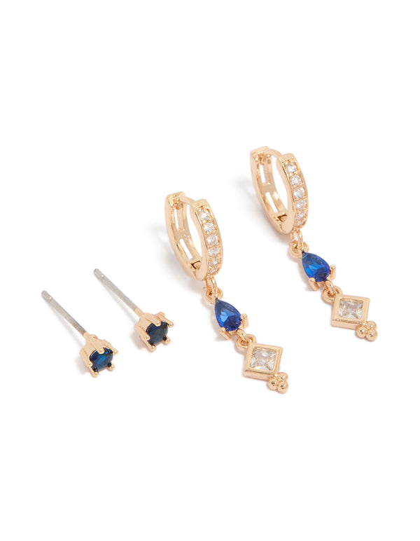 Gold Blue Cubic Zirconia Stud & Drop Huggie Earrings 2-Pack