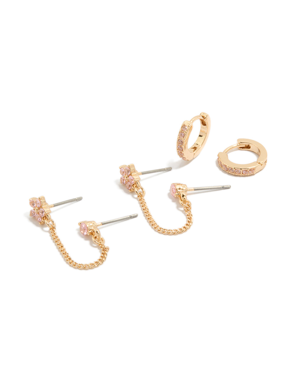Beautifully crafted floral cubic zirconia crystal stud and huggie earrings pack in gold with pink accents and chain details front view