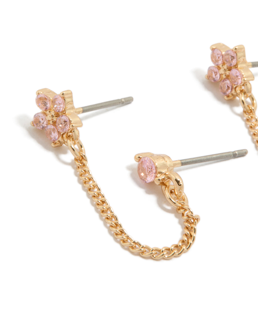 Detailed view of floral chain stud earrings with pink cubic zirconia crystals in gold close up view