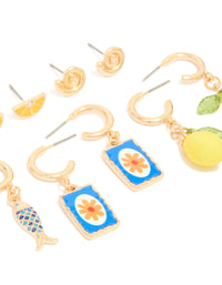 Displaying gold lemon holiday stud and hoop earrings 6-pack ocean, fruit, shell, floral and charm in yellow blue lime green post detail view - link has visual effect only
