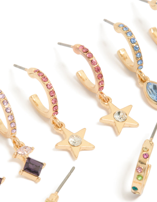 Crafted from gold with multicoloured diamante hoop earrings featuring celestial star charms in a 6-pack close up view