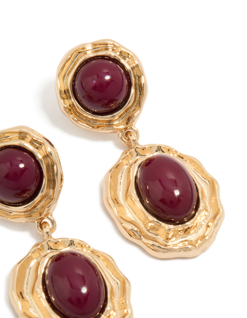 Displaying gold double burgundy resin drop earrings crafted from statement materials in maroon post detail view