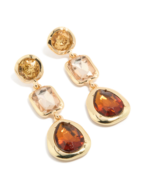 Showcasing statement gold brown diamantes drop earrings front view