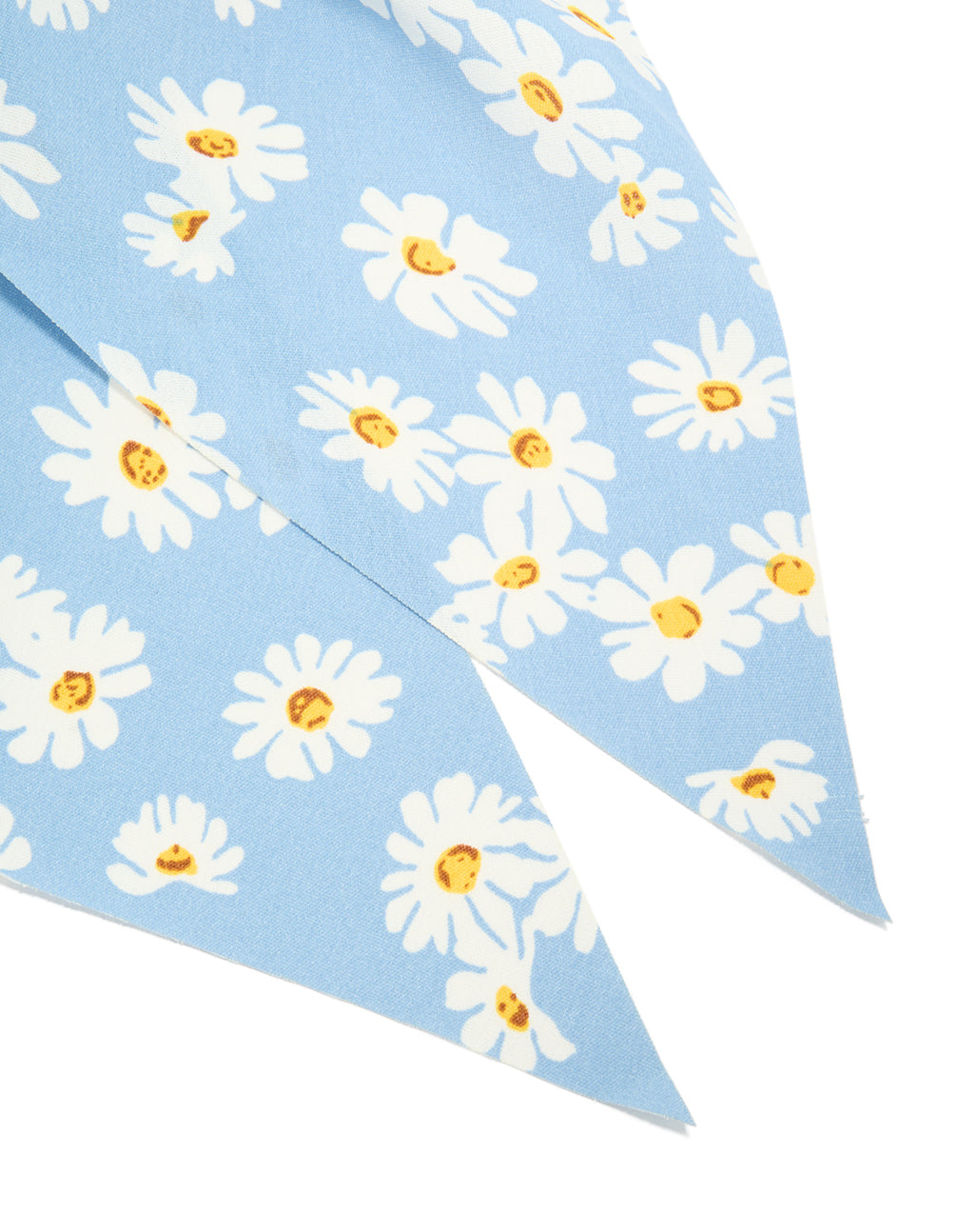 Crafted from sky blue fabric, this daisy printed scarf scrunchie features a floral print with white and yellow accents detail view