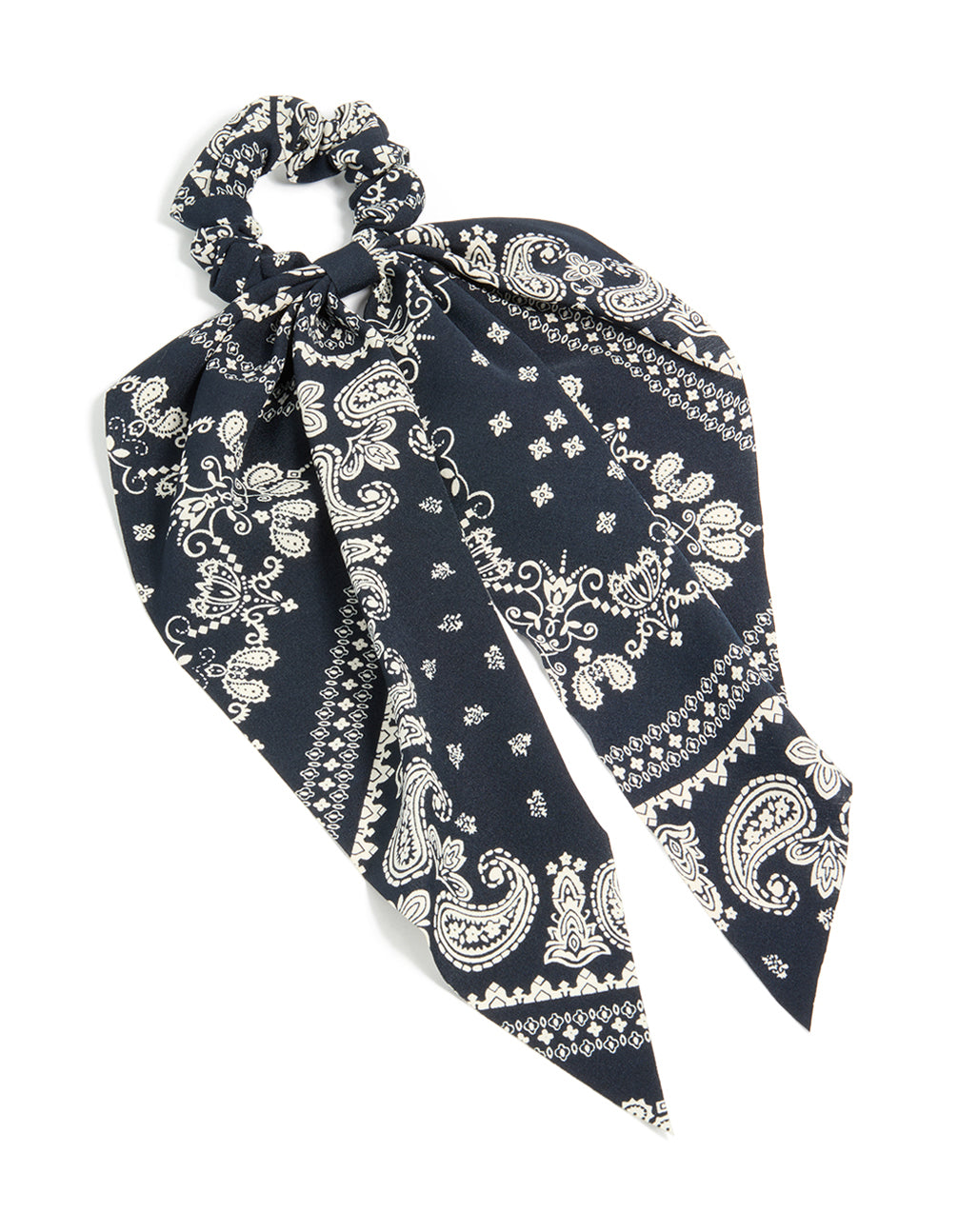 Featuring a paisley printed scarf scrunchie in black and ivory with statement style front view