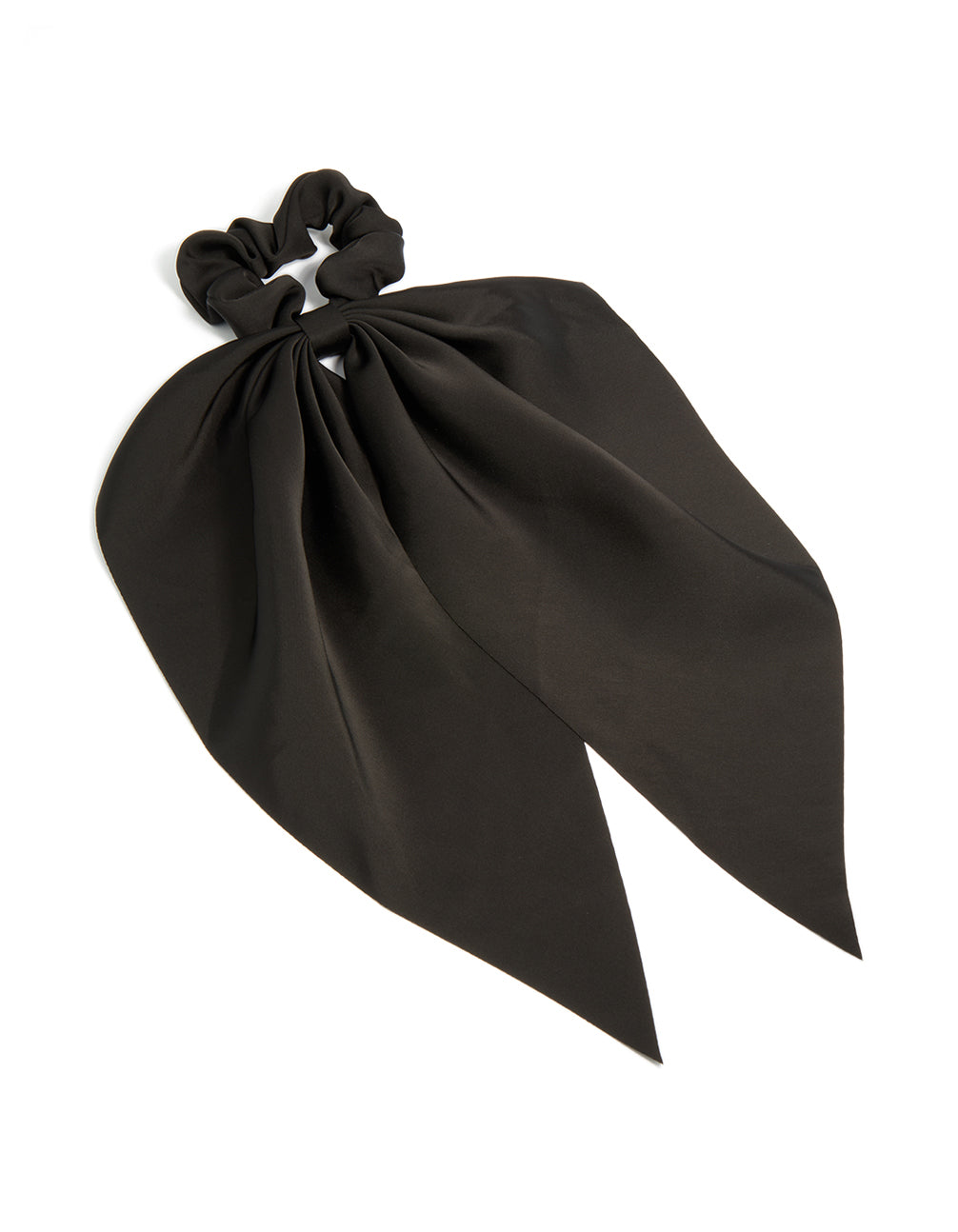 Showcasing a solid black plain long scarf scrunchie front view