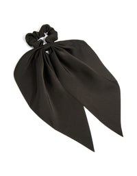 Showcasing a solid black plain long scarf scrunchie front view - link has visual effect only